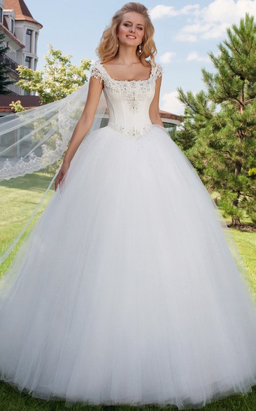 Long Square Beaded Cap-Sleeve Tulle Princess Wedding Dress With Sweep Train And Corset Back