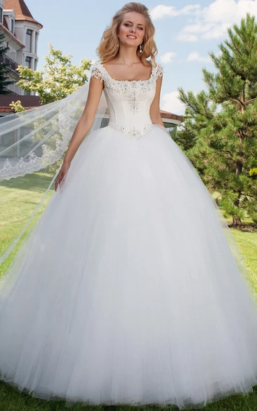 Long Square Beaded Cap-Sleeve Tulle Princess Wedding Dress With Sweep Train And Corset Back