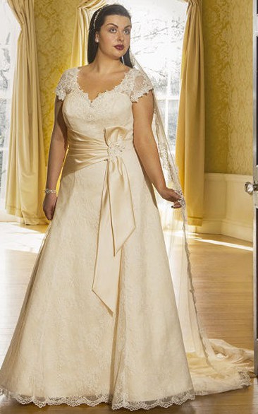 Cap Sleeve Lace Bridal Gown With Satin Sash And Lace Up