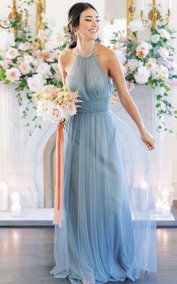 A-Line Halter Neckline Sleeveless Floor-length Tulle Bridesmaid Dress with Open Back and Pleats