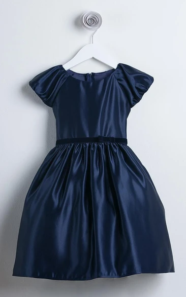 Bowed Cap-Sleeve Satin Flower Girl Dress
