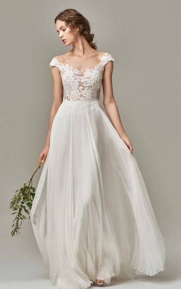 Elegant Bateau Chiffon Lace A Line Short Sleeve Floor-length Wedding Dress with Appliques