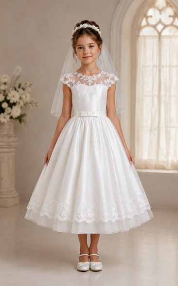 Tea-length Cap Sleeve Lace Illusion First Communion Dress with Veil