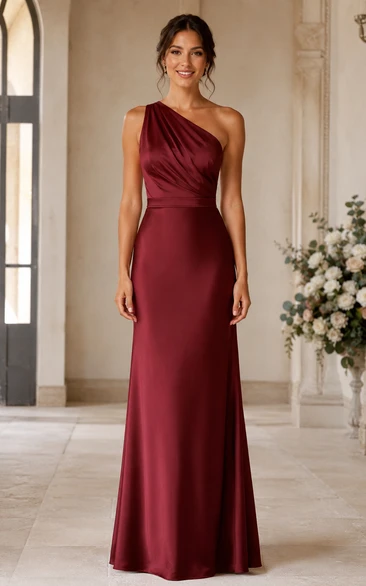 Burgundy One-Shoulder Satin Sheath Bridesmaid Dress