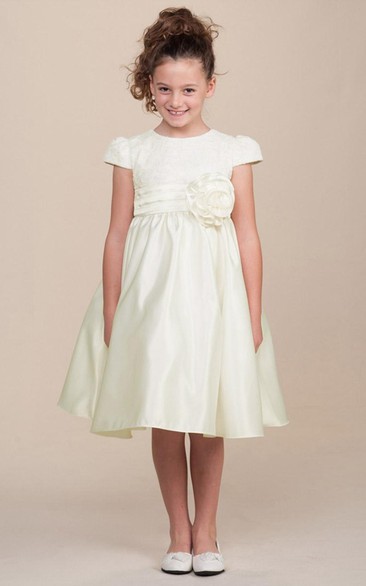 Floral Tea-Length Tiered Cap-Sleeve Lace&Satin Flower Girl Dress