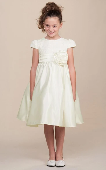 Floral Tea-Length Tiered Cap-Sleeve Lace&Satin Flower Girl Dress