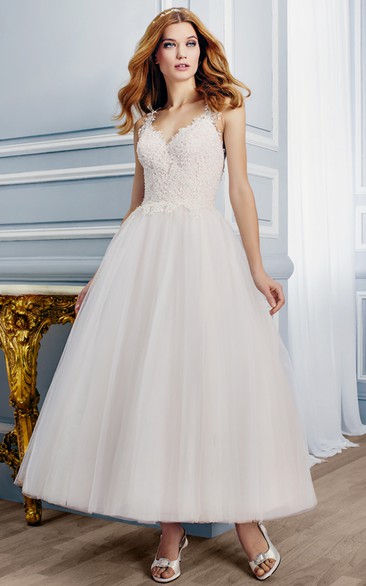 Ankle-Length Sleeveless Appliqued V-Neck Tulle Wedding Dress