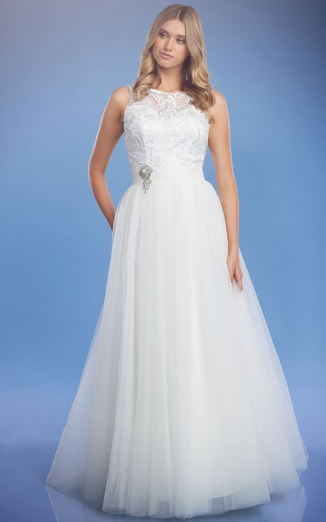 A-Line Sleeveless Jewel Floor-Length Appliqued Tulle Wedding Dress With Broach And Keyhole Back