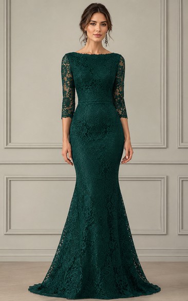 Modest Dark Green Lace Bateau Mermaid Evening Gown