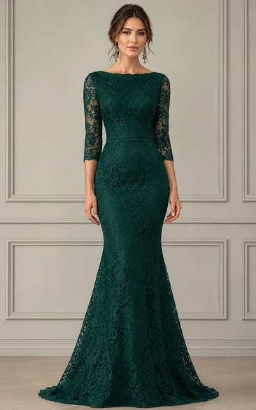 Modest Dark Green Lace Bateau Mermaid Evening Gown
