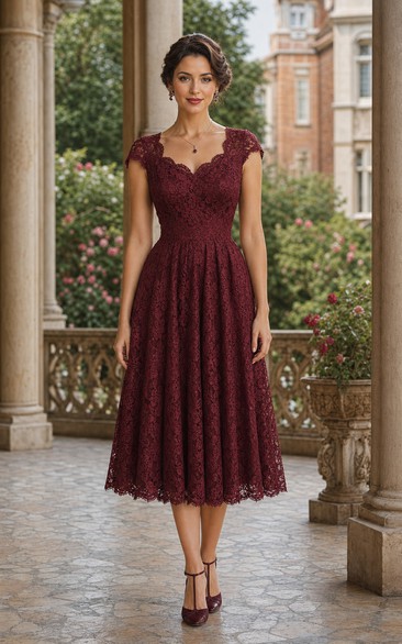 Burgundy Lace Cap Sleeve Tea-Length A-Line Dress