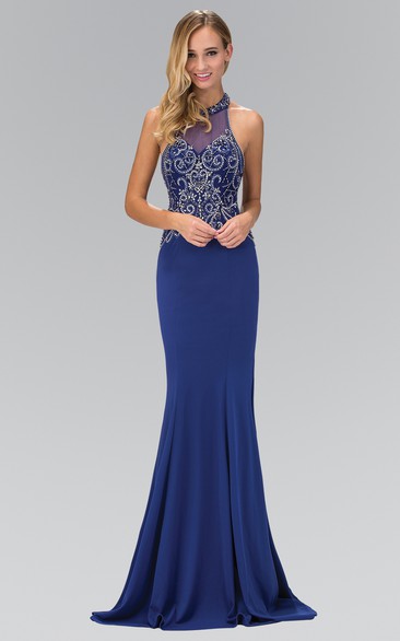 Sheath High Neck Sleeveless Jersey Backless Dress With Beading