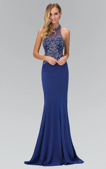 Sheath High Neck Sleeveless Jersey Backless Dress With Beading
