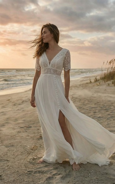 Casual Boho V-Neck Lace Wedding Dress - Short Sleeve Chiffon Bridal Gown with Button Detail and Slit