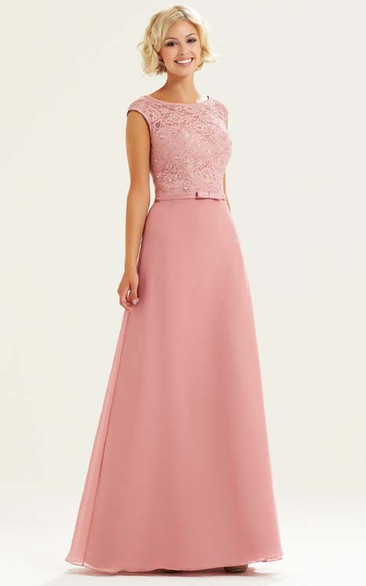 Lace Scoop Neck Cap Sleeve Chiffon Bridesmaid Dress With Beading