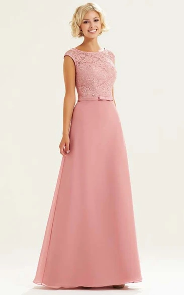 Lace Scoop Neck Cap Sleeve Chiffon Bridesmaid Dress With Beading