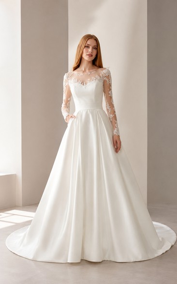 Wedding Ball Gown Satin Dress with Long Lace Sleeves and Chapel Train