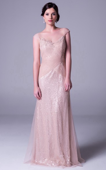 Cap Sleeve Bateau Neck Ruched Tulle Bridesmaid Dress With Illusion Back