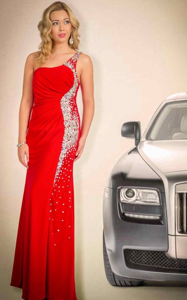 Sheath One-Shoulder Long Beaded Jersey Prom Dress With Ruching