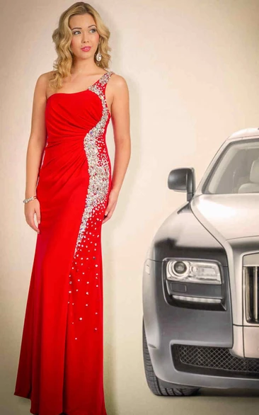 Sheath One-Shoulder Long Beaded Jersey Prom Dress With Ruching