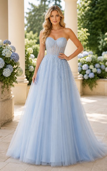 Sky Blue Strapless Tulle Ball Gown Prom Dress with Corset Bodice