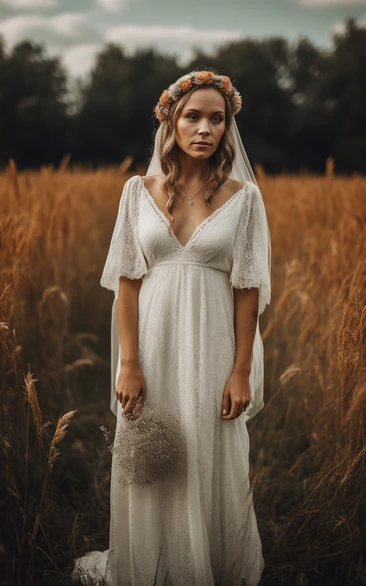 Half-sleeve V-neck Lace Boho Country Empire Wedding Dress