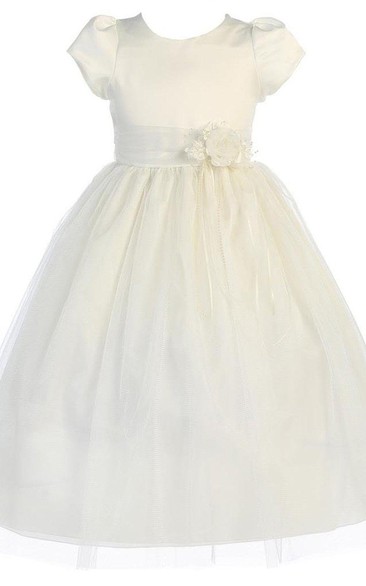 Short-sleeved A-line Pleated Dress With Flower and Bow