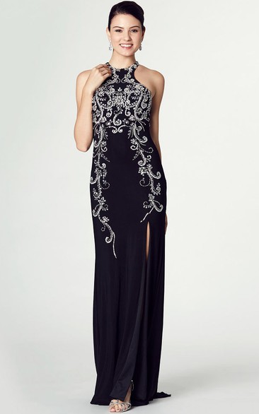 Pencil Midi Split-Front Sleeveless High Neck Chiffon Prom Dress With Pleats And Beading