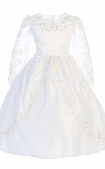 Tea-Length Tiered Beaded Organza&Satin Flower Girl Dress