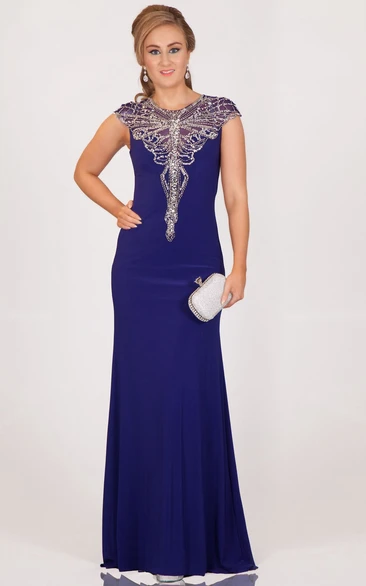 Sheath Scoop-Neck Long Beaded Cap-Sleeve Jersey Prom Dress