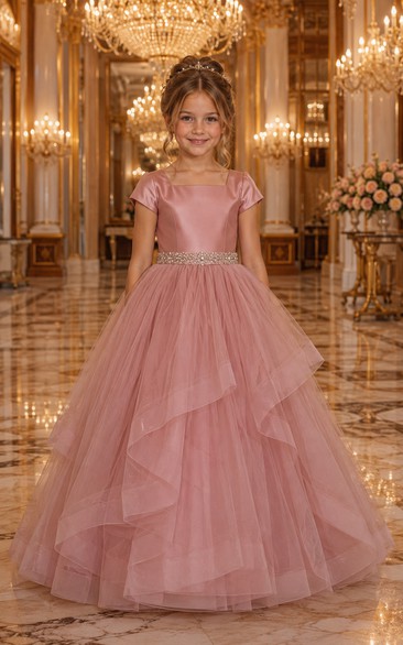 High-low Dusty Rose Satin and Tulle Flower Girl Dress with Ruffles