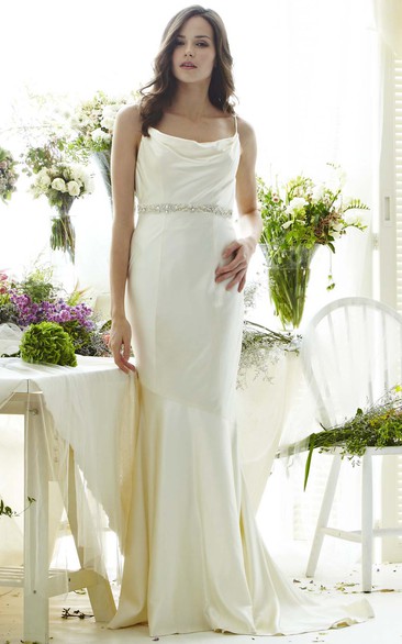 Floor-Length Spaghetti Jeweled Satin Wedding Dress With Brush Train And V Back