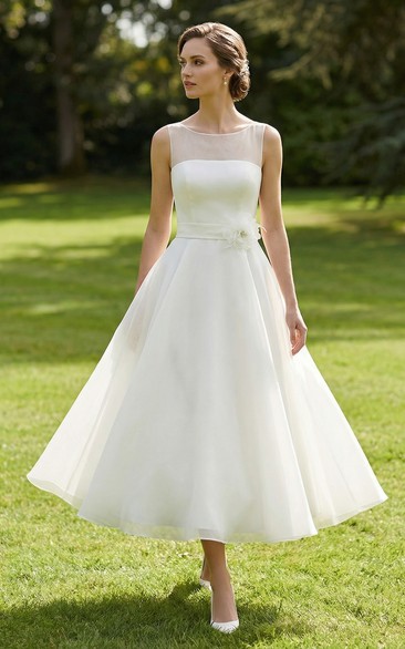 Floral Detail Tea-Length Illusion Neck Wedding Dress