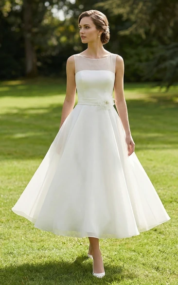 Floral Detail Tea-Length Illusion Neck Wedding Dress
