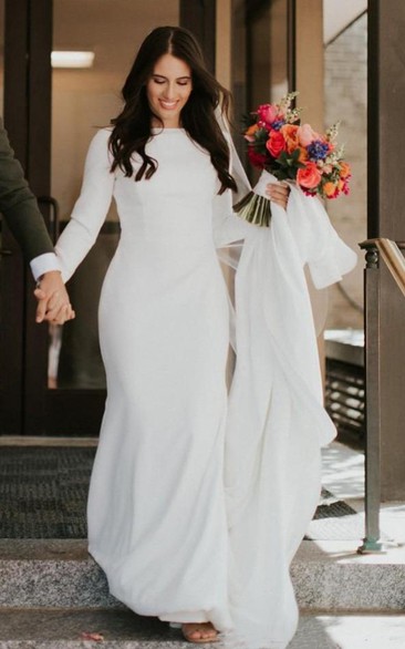 Long Sleeve Conservative White Gown Muslim Crepe Elegant Meghan Markle Wedding Dress
