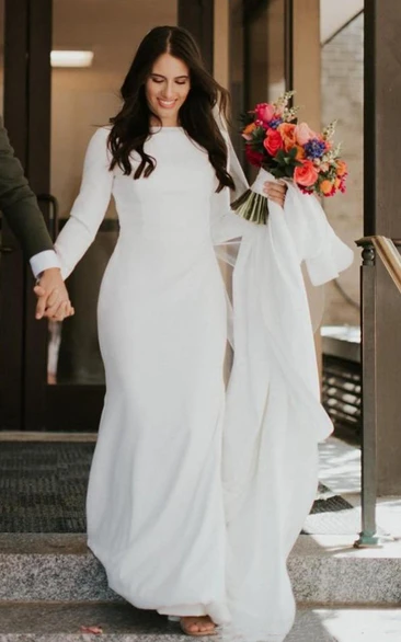 Satin Long Sleeve Modern Mermaid Chapel Train Simple Conservative Wedding Dress