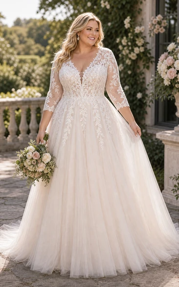Elegante vestido de novia de corte A, largo hasta el suelo, con cola, mangas largas y apliques.