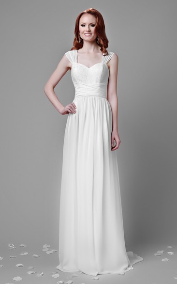 Pleated A-Line Chiffon Wedding Dress With Lace Bust And Cinched Waistband