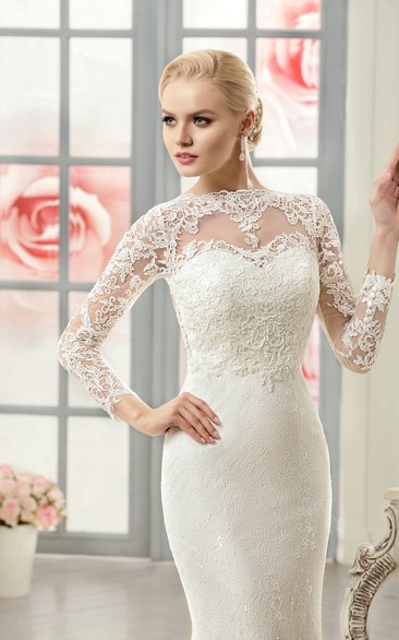 Sheath Long Jewel Long-Sleeve Illusion Lace Dress With Appliques ...