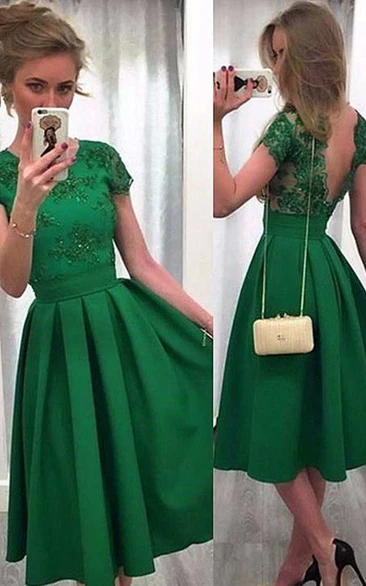 Short Sleeve Lace Bodice A-line Tea Length Satin Dress
