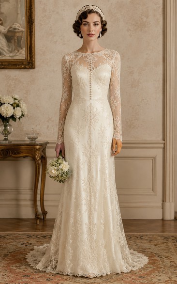 Vintage Illusion Long Sleeve Lace Sheath Wedding Dress