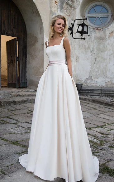 Simple Satin A-line Square-neck Bridal Gown with Court Train