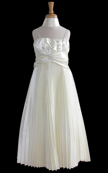 Maxi Cape Pleated Satin Flower Girl Dress With Broach
