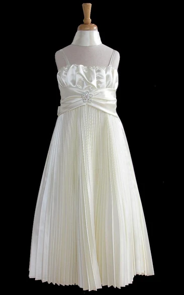 Maxi Cape Pleated Satin Flower Girl Dress With Broach
