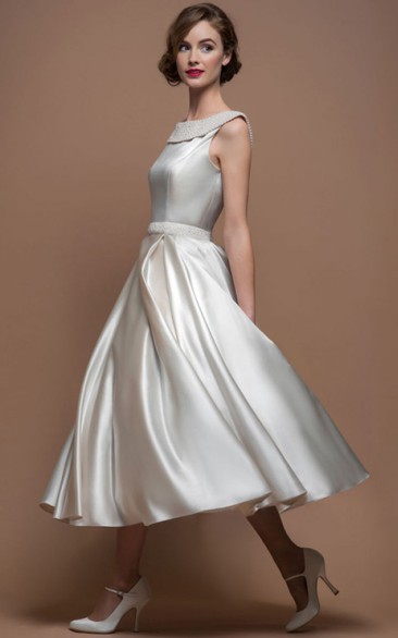 A-Line Scoop-Neck Tea-Length Satin Wedding Dress With Beading And V ...