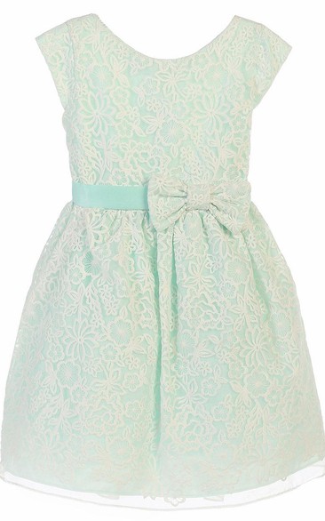 Floral Knee-Length Cap-Sleeve Bowed Organza&Satin Flower Girl Dress With Embroidery