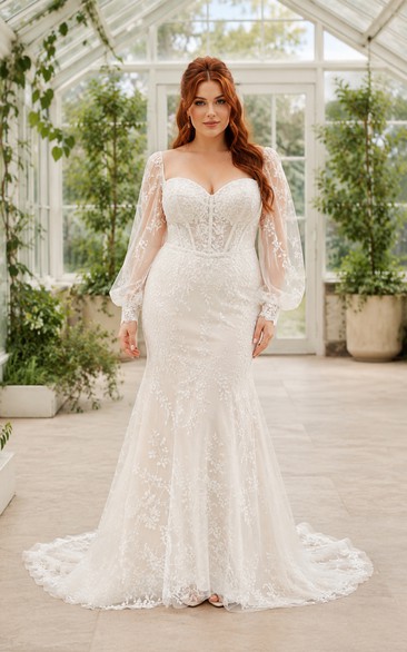 Plus Size Off-the-Shoulder Long Sleeve Lace Mermaid Wedding Dress