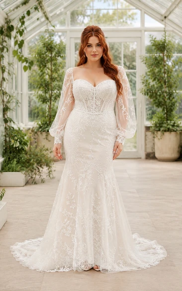 Plus Size schulterfreies, langärmeliges Meerjungfrauen-Hochzeitskleid aus Spitze