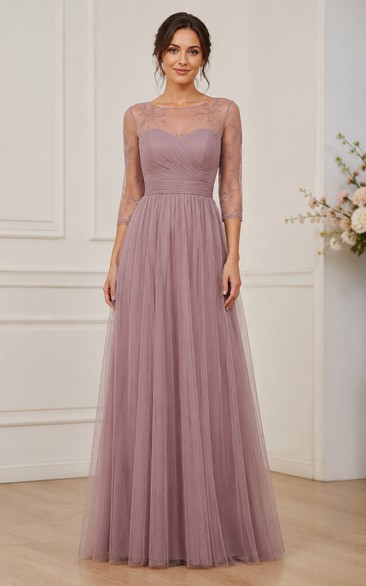 Dusty Rose 3/4 Sleeve Lace Tulle Bridesmaid Dress