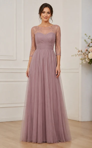 Dusty Rose 3/4 Sleeve Lace Tulle Bridesmaid Dress